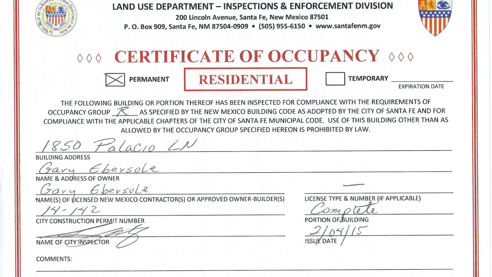 Occupancy Certificate Sample